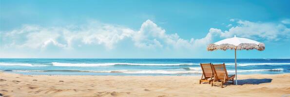 Beach chairs and umbrella on a white sandy beach. Generative AI photo