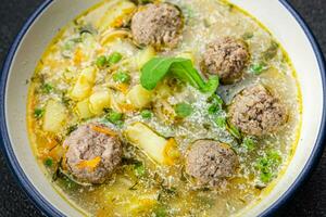 soup meatball first course meat balls vegetable food meal snack on the table copy space food background rustic top view photo