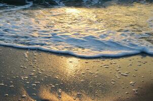 Beautiful big foamy sea wave in golden orange sunset and reflection of the sun light on the wet textured sand at the Baltic sea photo