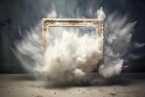 Generative AI, White powder splash and smoke around empty vintage beautiful frame photo