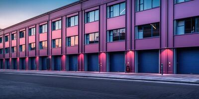 Generative AI, Mini colorful metal self storage facilities rental units, warehouse exterior, industry garage building. photo