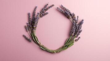 Generative AI, wreath of lavender branches flowers with copy space, natural organic floral frame violet background photo