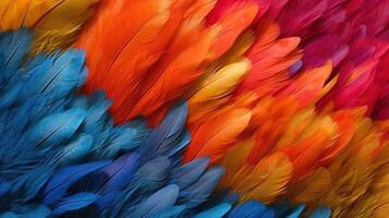 Generative AI, Beautiful rainbow colorful closeup feathers, photorealistic background, top view, aerial view. Small fluffy, inspired by Andreas Gursky and Andy Goldsworthy photo