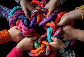 , peoples hands working together to untangle a knotted rope. Business teamwork. photo