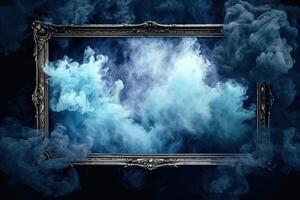 Generative AI, Blue flowing smoke around empty vintage beautiful frame. Copy space, frame mock up blank photo