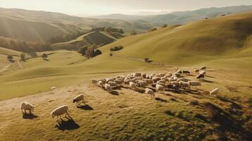 Generative AI, Beautiful green mountains landscape with flock of sheeps grazing on lush grass on farmland photo