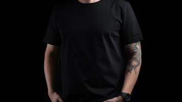 Generative AI, Realistic black T-Shirt mock up blank put on young man, copyspace for presentation advertising. Blank business concept photo