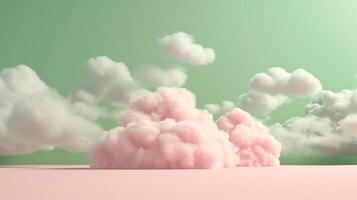 , Pink and green fantastic 3d clouds on the floor, sky and landscape. Gentle colors and with bright lights. photo