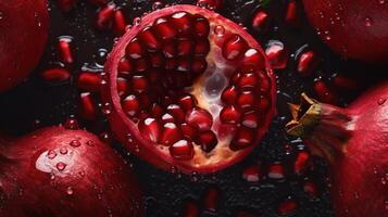 Generative AI, Macro Fresh Juicy half and whole of pomegranate fruit background as pattern. Closeup photo with drops of water