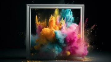 Generative AI, Frame with colorful holi powder paint explosion, creative splash, multicolor cloud photo