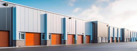 Generative AI, Mini colorful metal self storage facilities rental units, warehouse exterior, industry garage building. photo