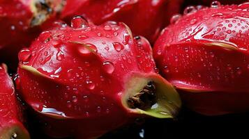 Generative AI, bright slice of juicy ripe dragonfruit and water drops, macro of summer fruit photo
