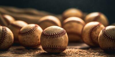 generativo ai, áspero y escabroso textura de antiguo béisbol pelotas cerca arriba en Clásico antecedentes foto