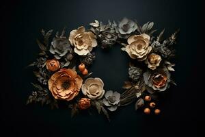 Generative AI, Close up wreath, blooming flowerbeds of amazing apricot and orange flowers on dark moody floral textured background. photo