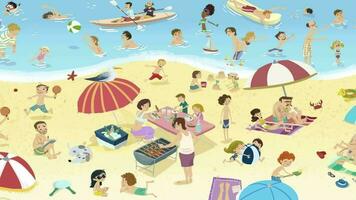 Panoramic illustration of beach in summer full of people video