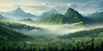 Generative AI, Misty fir forest beautiful landscape in hipster vintage retro style, foggy mountains and trees. photo