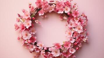 , wreath of little light pink cherry sakura flowers with copy space, natural organic floral frame photo