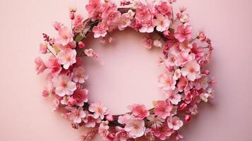 Generative AI, wreath of little light pink cherry sakura flowers with copy space, natural organic floral frame photo