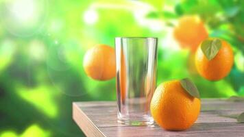 Wizard fresh orange juice in summer view. Stop Motion animation video footage. Pour juice into a glass