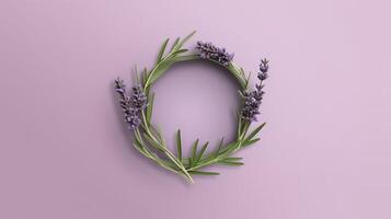 Generative AI, wreath of lavender branches flowers with copy space, natural organic floral frame violet background photo