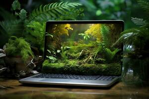 generativo ai, ordenador portátil cubierto en musgo y plantas. naturaleza y tecnología concepto foto