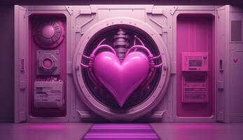 Generative AI, Futuristic space ship room with pink heart in cyberpunk style illustration. Love, feelings, romantic St. Valentine's Day concept. Sci-fi, realistic 3d effect. photo