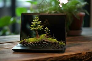 Generative AI, Laptop covered in moss and plants. Nature and technology concept photo