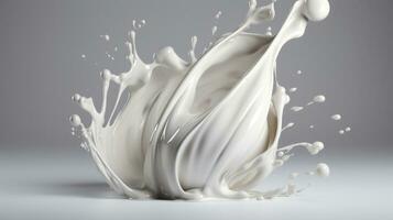 Generative AI, Flowing liquid with splashes in white color. Glossy creamy milk fluid banner, 3D effect, modern macro photorealistic abstract background illustration photo