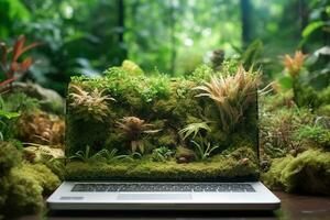 generativo ai, ordenador portátil cubierto en musgo y plantas. naturaleza y tecnología concepto foto