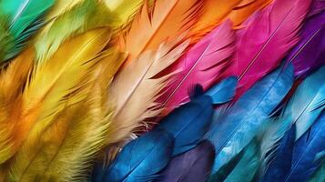 Generative AI, Beautiful rainbow colorful closeup feathers, photorealistic background, top view, aerial view. Small fluffy, inspired by Andreas Gursky and Andy Goldsworthy photo