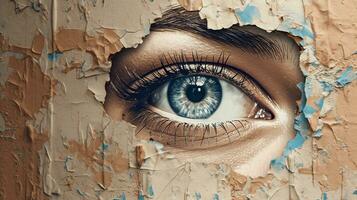 generativo ai, mujer ojo mirando mediante un Rasgado agujero en Clásico papel, azul y beige colores mural. pintado Híper realista hembra Arte. foto