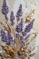 Generative AI, lavender branches hand drawn oil painting with golden leaves on white background photo