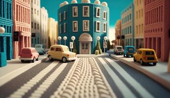 Generative AI, cute street made of crochet, houses, trees, road, cars. Soft colors, dreamy scene cityscape made of crochet materials, wool, fabric, yarn, sewing for background photo