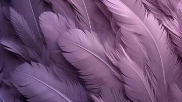 Generative AI, Beautiful lavender, purple color closeup feathers, photorealistic background. Small fluffy violet feathers randomly scattered forming photo