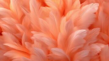 Generative AI, Beautiful light orange, apricot color closeup feathers, photorealistic background. Small fluffy orange feathers randomly scattered forming photo