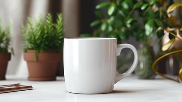 Generative AI, White ceramic cup set-up in at home interior, mug mock up blank. photo