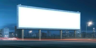 Generative AI, Realistic street big billboard mock up blank for presentation advertising. Outdoor sign blank in the futuristic city, business concept photo