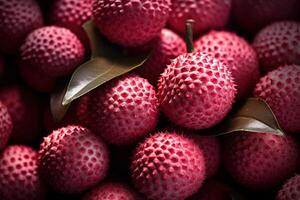 Generative AI, Macro Fresh Juicy of lychee fruit background. Closeup photo, summer Thailand food. photo