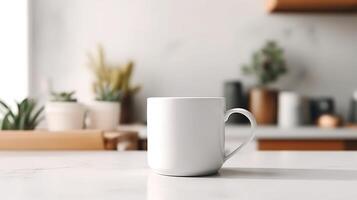 Generative AI, White ceramic cup set-up in at home interior, mug mock up blank. photo