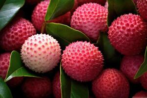 Generative AI, Macro Fresh Juicy of lychee fruit background. Closeup photo, summer Thailand food. photo