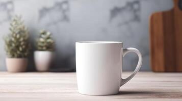 generativo ai, blanco cerámico taza configuración en a hogar interior, jarra burlarse de arriba blanco. foto