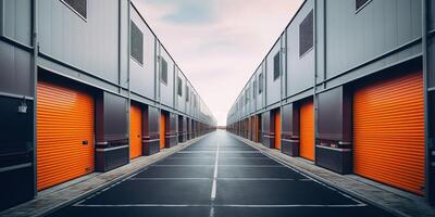 Generative AI, Mini colorful metal self storage facilities rental units, warehouse exterior, industry garage building. photo