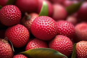 Generative AI, Macro Fresh Juicy of lychee fruit background. Closeup photo, summer Thailand food. photo