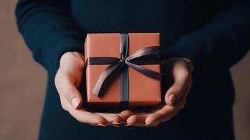 Generative AI, Female hands with natural manicure holding gift box, beige and blue colors background. photo