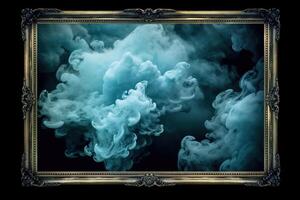 Generative AI, Blue flowing smoke around empty vintage beautiful frame. Copy space, frame mock up blank photo