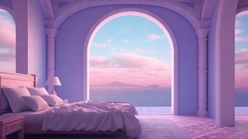 Generative AI, Fantasy purple relax room with dreamy bed, arch, windows and beautiful landscape with clouds. Bedroom in calm lavender and violet colors. photo