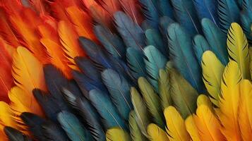 Generative AI, Beautiful rainbow colorful closeup feathers, photorealistic background, top view, aerial view. Small fluffy, inspired by Andreas Gursky and Andy Goldsworthy photo