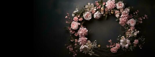 Generative AI, Close up wreath, blooming flowerbeds of amazing pink flowers on dark moody floral textured background. photo