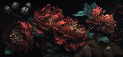 Generative AI, Close up of blooming flowerbeds of amazing red color flowers on dark moody floral textured background. Photorealistic effect.. photo