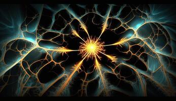 , Conceptual illustration of neuron cells with glowing link knots in abstract dark space, high resolution. Human nervous system photo